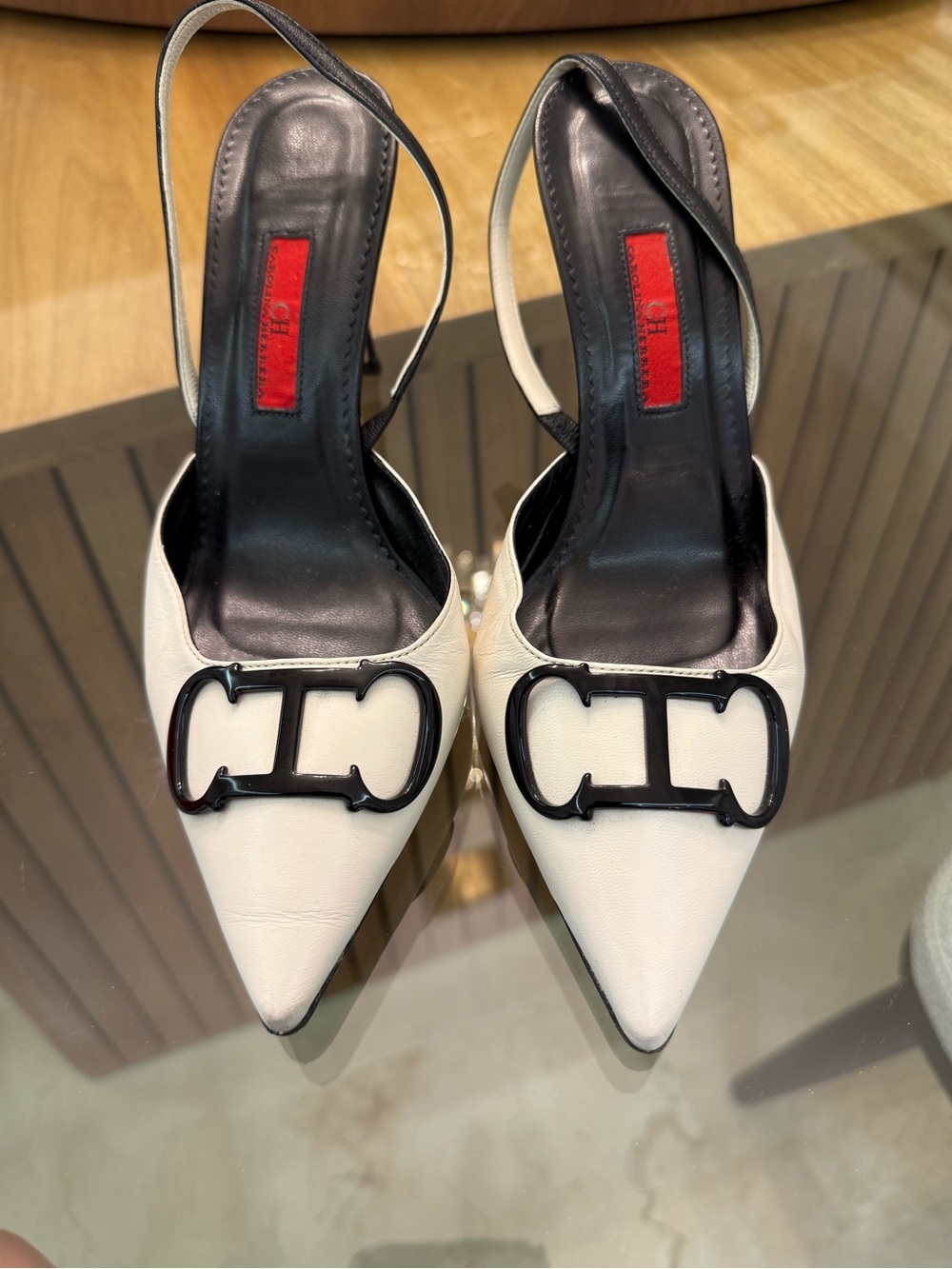 Carolina Herrera White Pointed Toe Slingback Pumps with Black Hardware